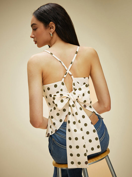 Polka Dot Çapraz Sırtlı Fiyonklu Üst