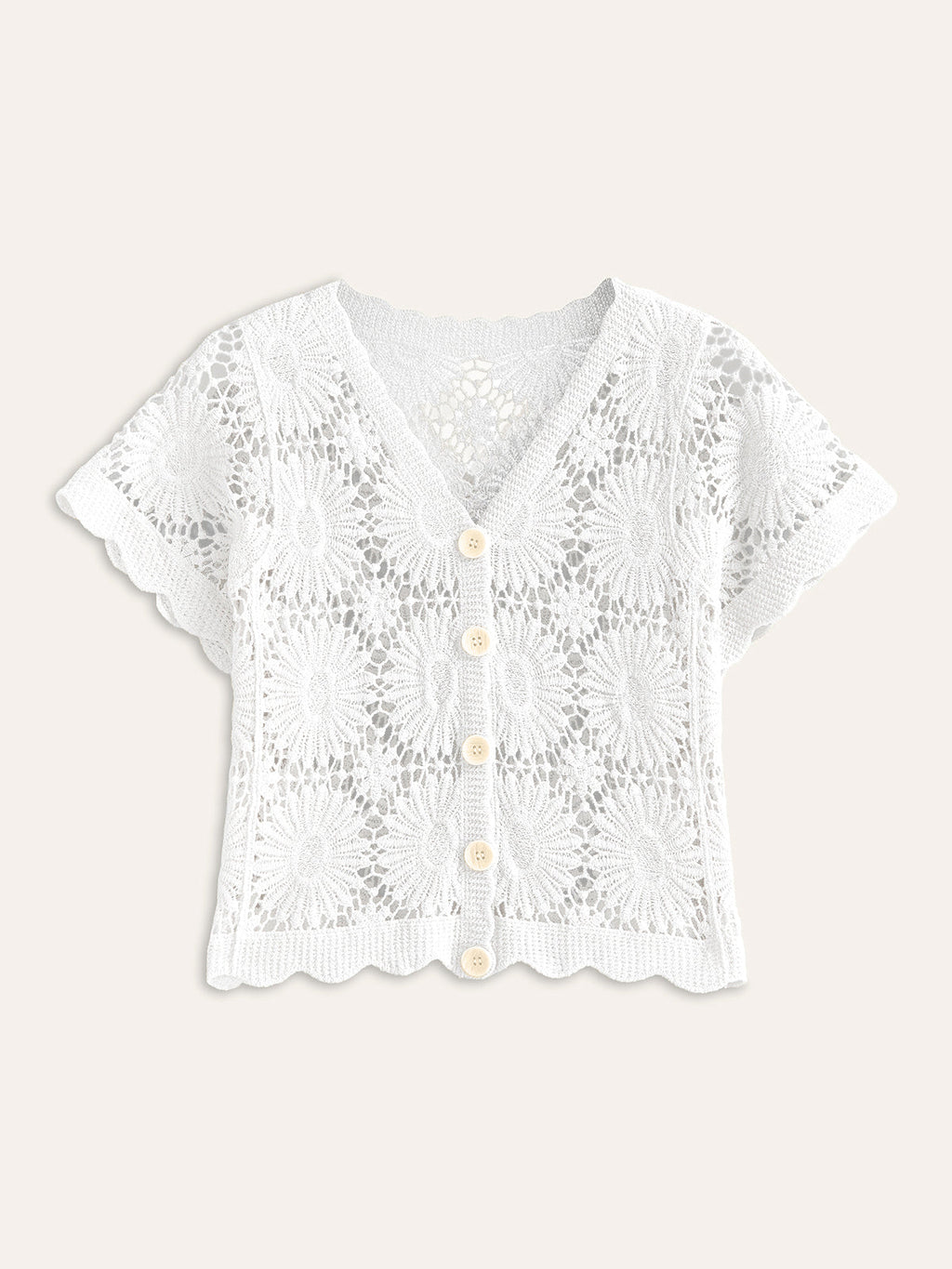 Tığ İşi Çiçekli Düğmeli Ön Hırka