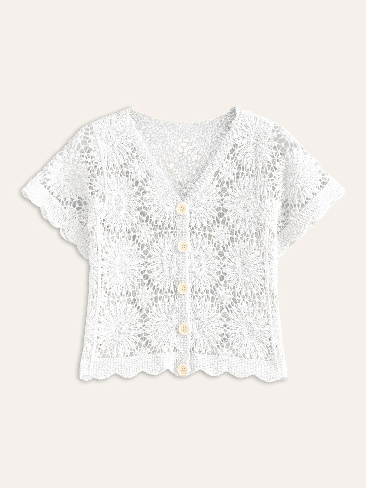 Tığ İşi Çiçekli Düğmeli Ön Hırka