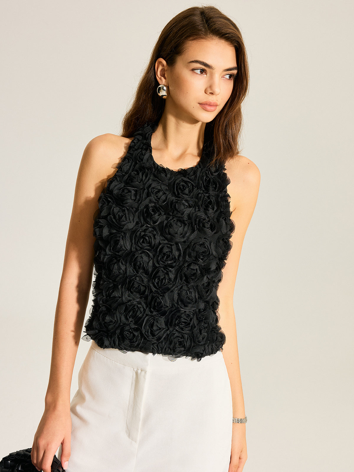 3D Çiçekli Sırtı Açık Fiyonk Askılı Üst