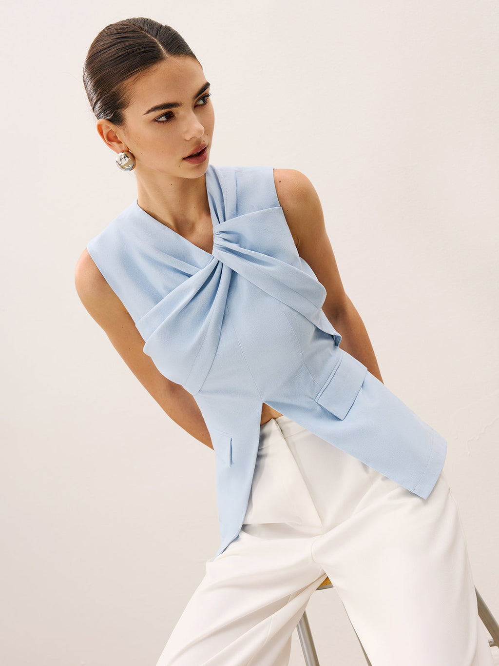 Keten Ve Pamuklu Pileli Kolsuz Yelek Görünmez Fermuarlı