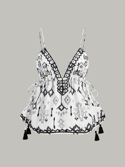 İşlemeli Boho Püsküllü Bağcıklı Atlet Üst