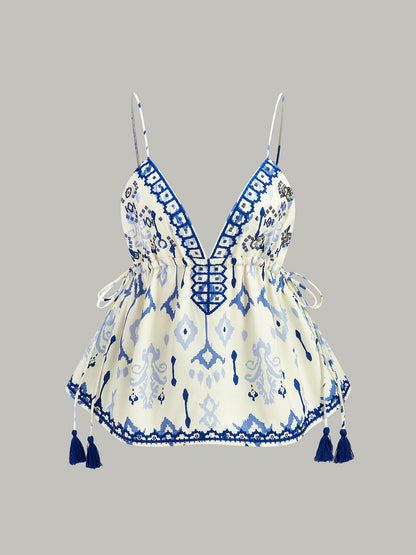 İşlemeli Boho Püsküllü Bağcıklı Atlet Üst