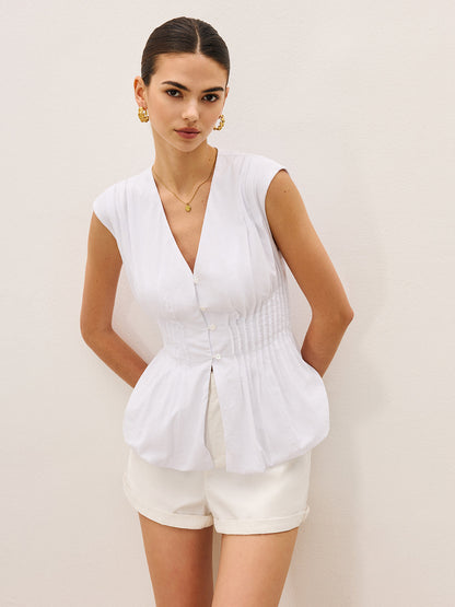 Pliseli Peplum V Yaka Bluz