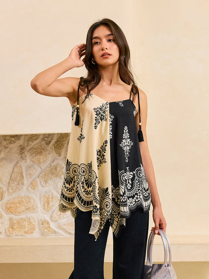 Bohe Desenli Püsküllü Bağcıklı Tank Top