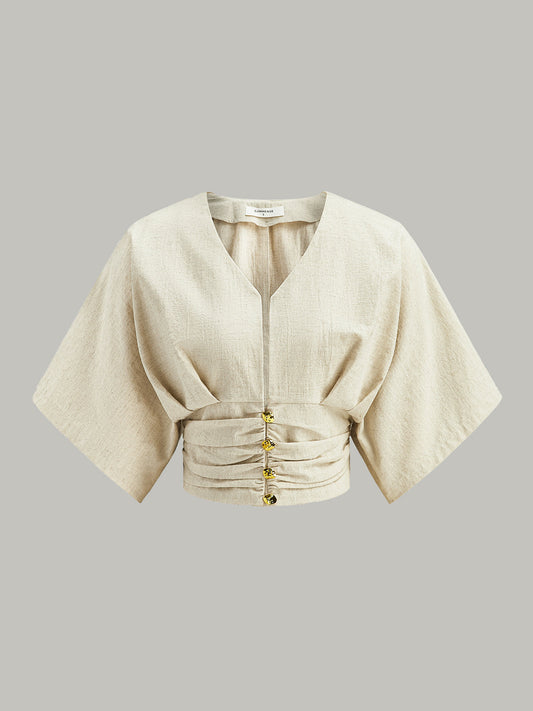 Pamuk Ve Keten Kimono Kol Düğmeli Üst