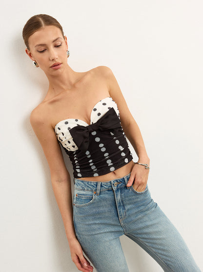 Polka Dot Fiyonklu Tüp Üst