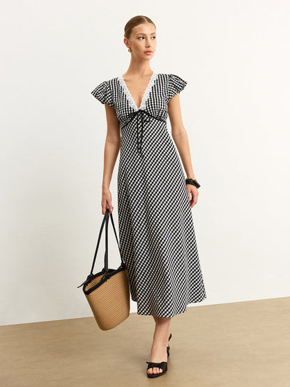 Gingham Dantel Kenarlı Uçuşan Kollu Midi Elbise