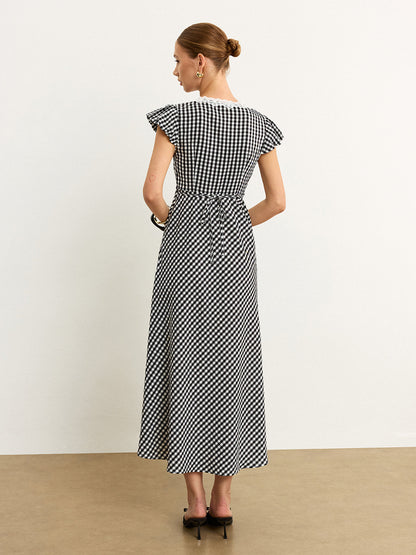 Gingham Dantel Kenarlı Uçuşan Kollu Midi Elbise
