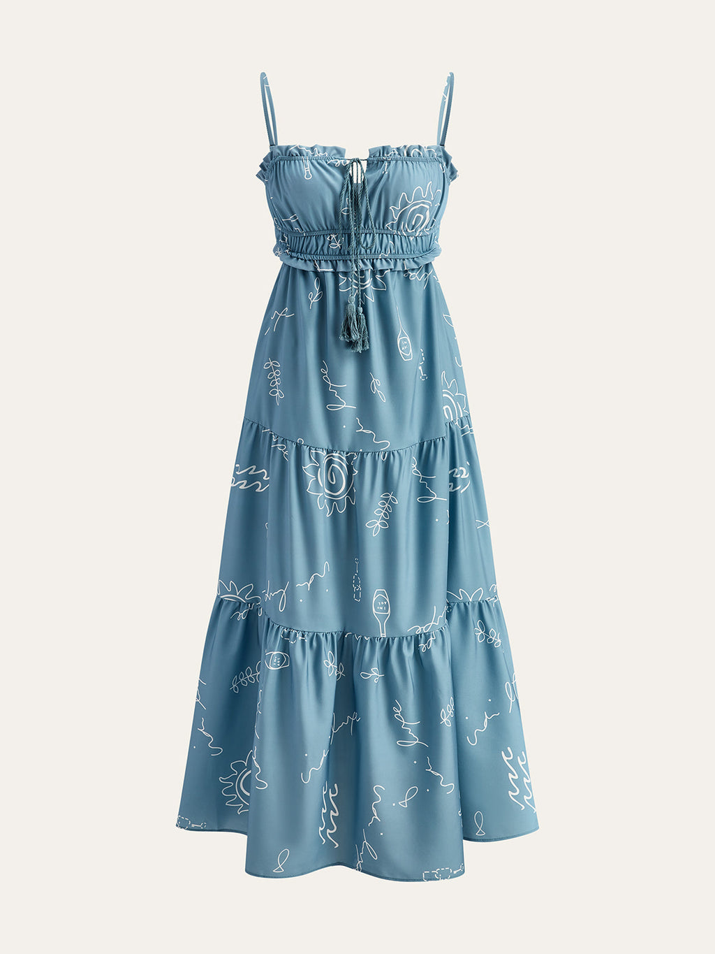 Baskılı Spagetti Askılı Katmanlı Uzun Elbise