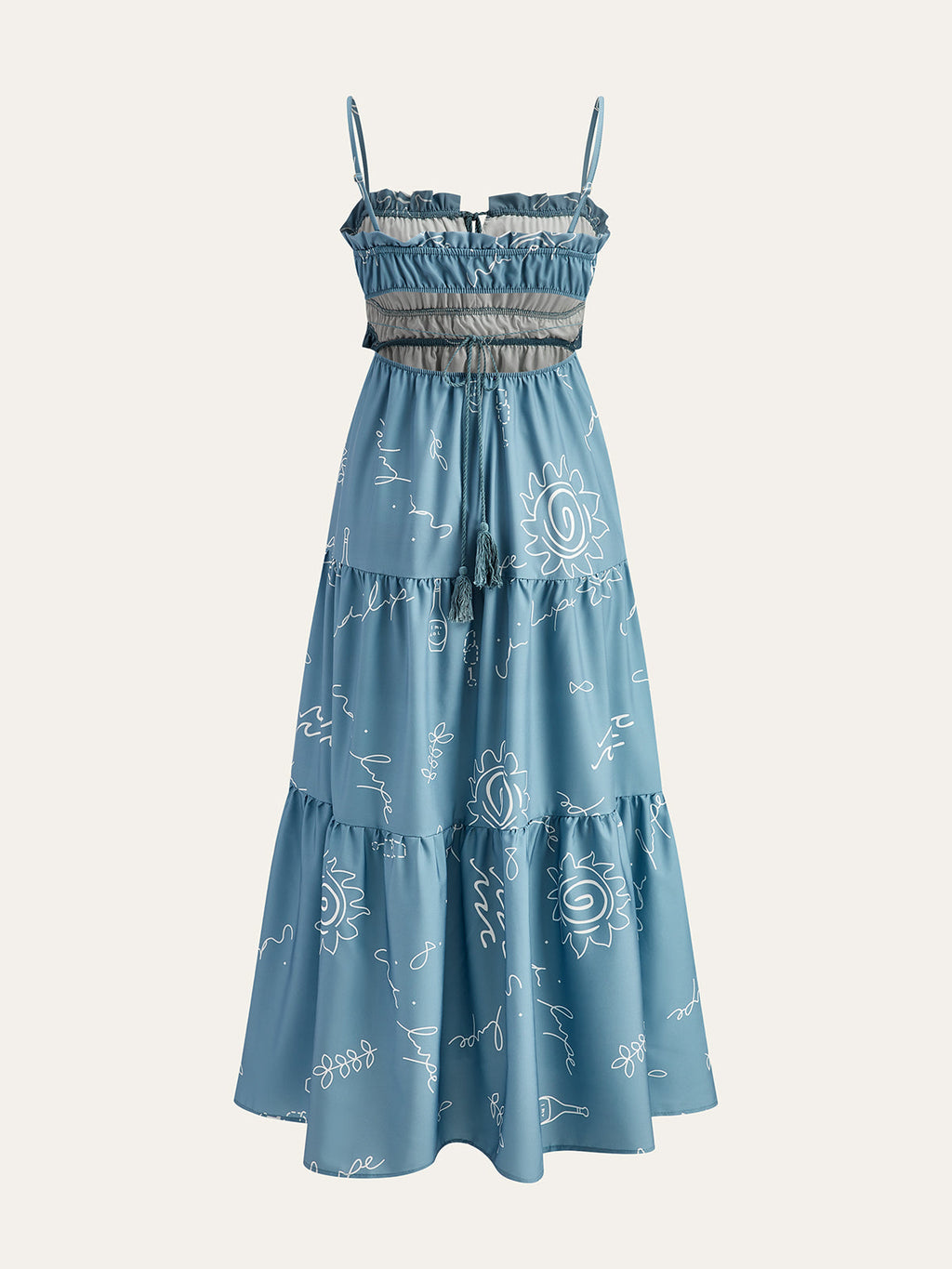 Baskılı Spagetti Askılı Katmanlı Uzun Elbise