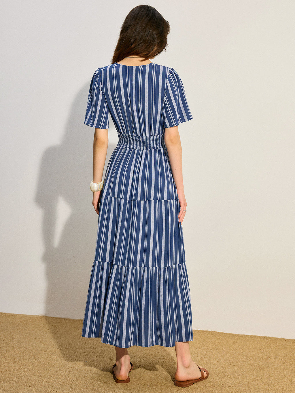 Çizgili Büzgülü Bel Katmanlı Uzun Elbise