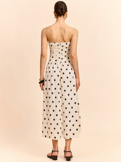 Straplez Polka Dot Kıvrımlı Midi Elbise