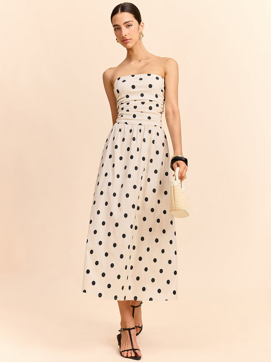 Straplez Polka Dot Kıvrımlı Midi Elbise