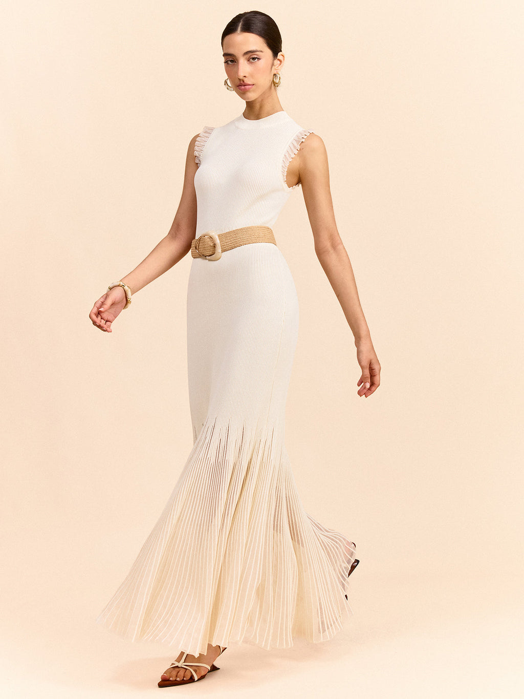 Tül Panelli Volanlı Örgü Uzun Elbise