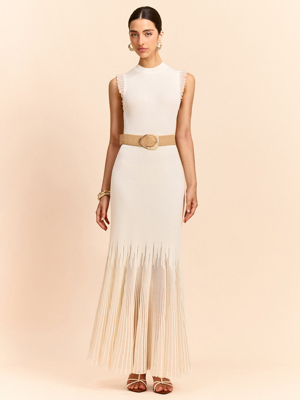 Tül Panelli Volanlı Örgü Uzun Elbise