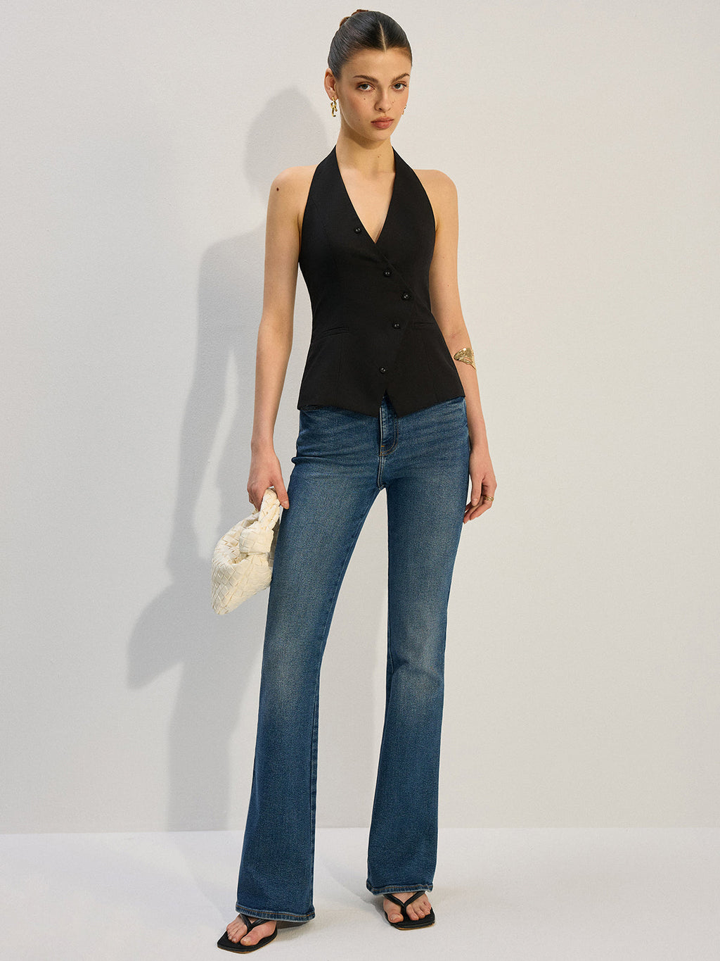 Halter Yaka Asimetrik Düğmeli Yelek