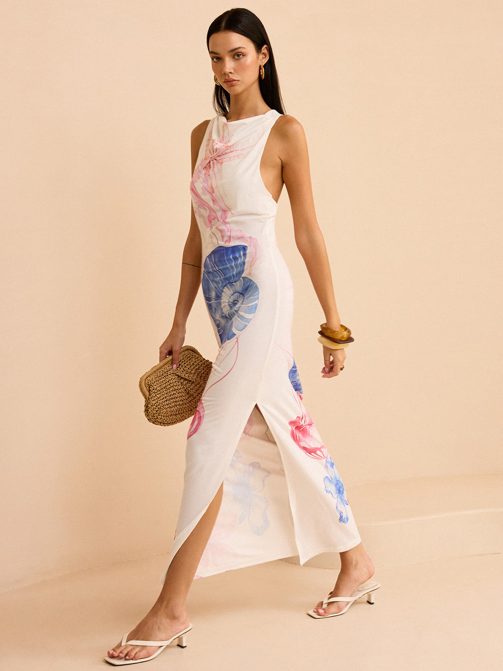 Okyanus Desenli Uzun Elbise Yırtmaçlı