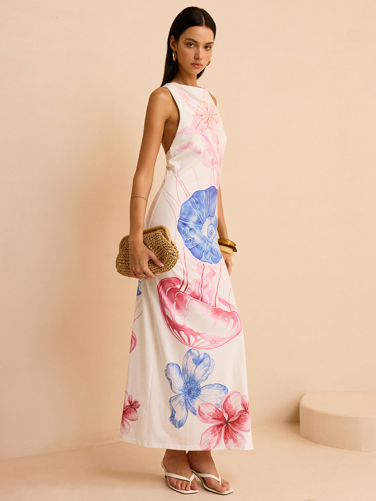 Okyanus Desenli Uzun Elbise Yırtmaçlı