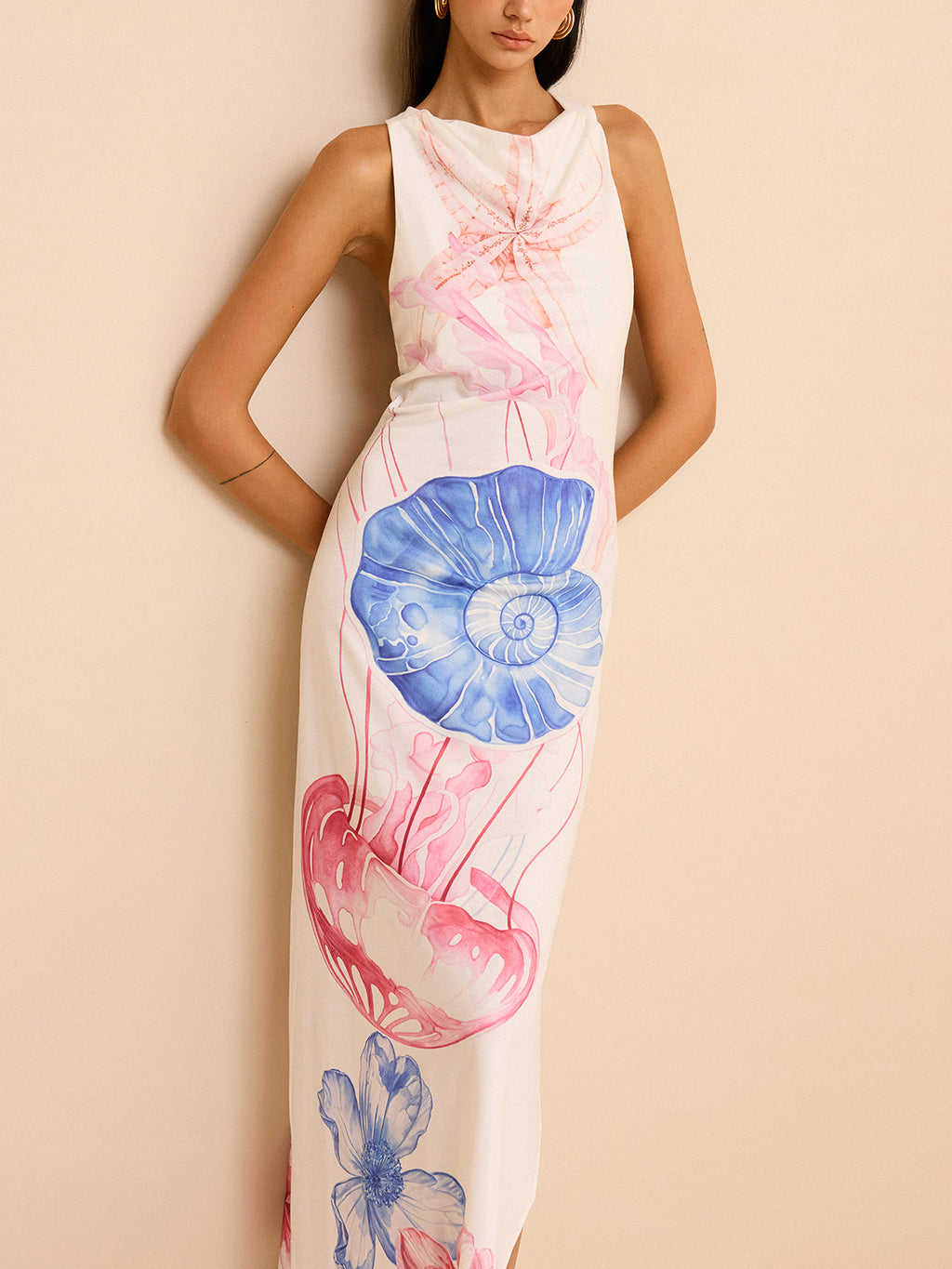 Okyanus Desenli Uzun Elbise Yırtmaçlı