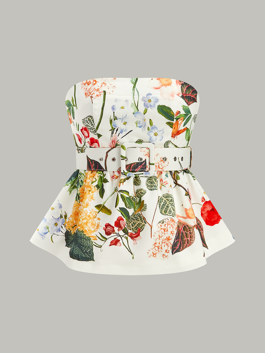 Çiçek Desenli Straplez Peplum Üst Kemerli