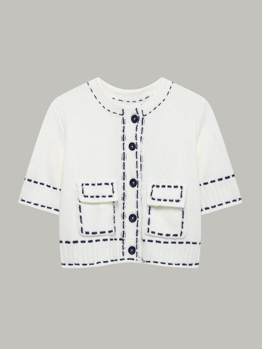 Kontrast Dikişli Kısa Kollu Kırpılmış Hırka