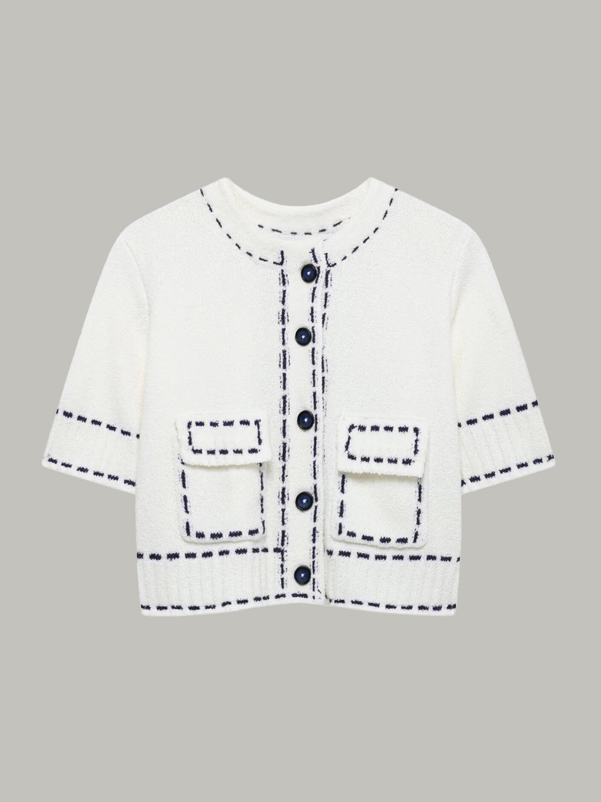 Kontrast Dikişli Kısa Kollu Kırpılmış Hırka