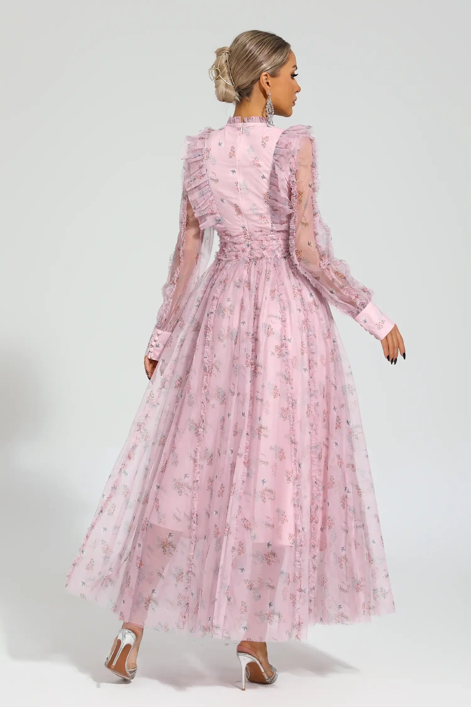 Elara Pembe Çiçekli Uzun Kol Uzun Elbise