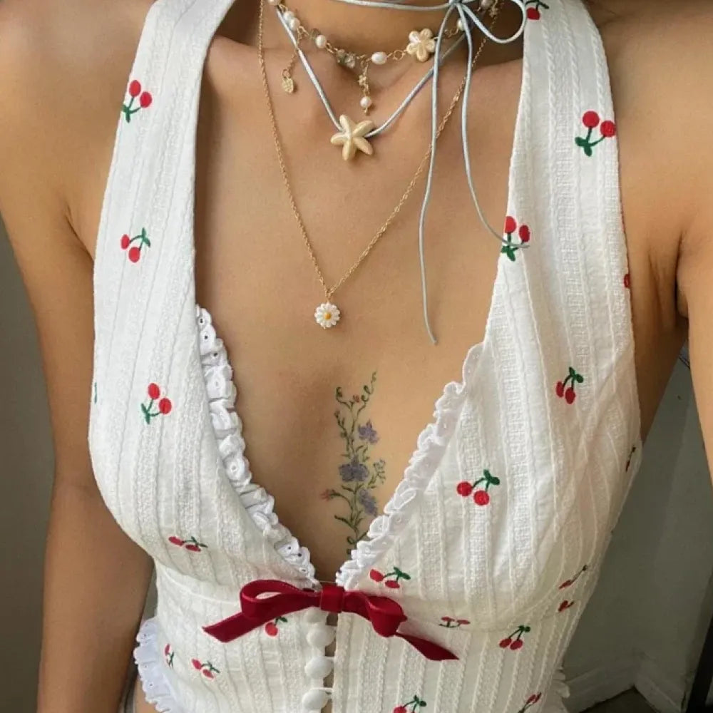 Kirazlı Boyundan Geçmeli Bluz