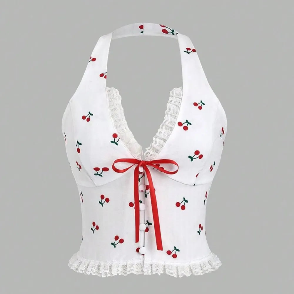 Kirazlı Boyundan Geçmeli Bluz