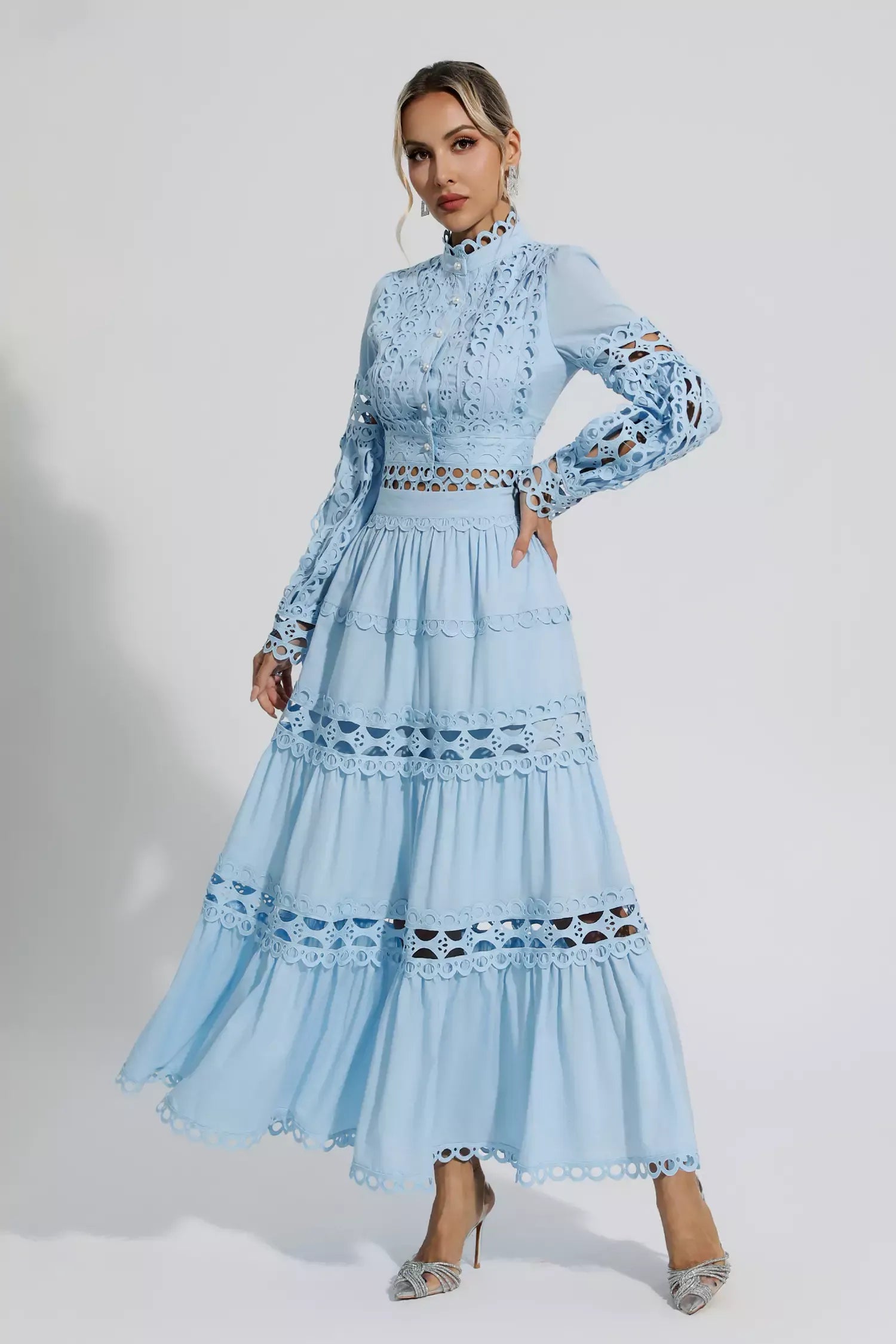 Julieta Mavi Uzun Kollu Uzun Elbise