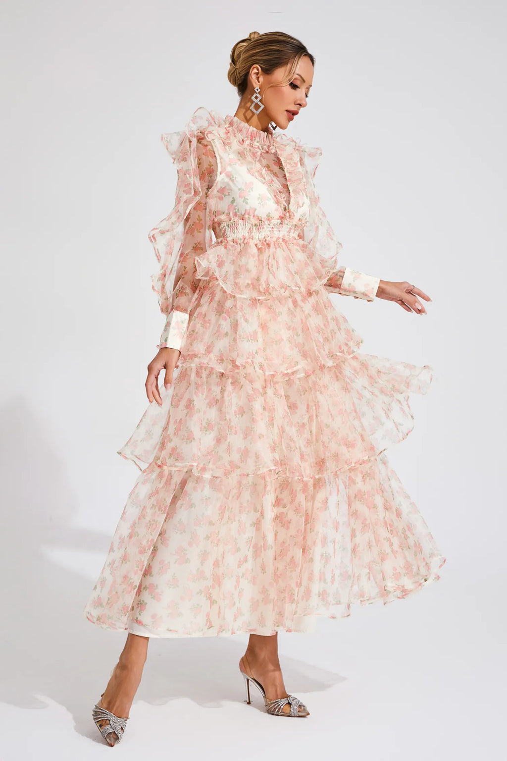 Zelda Çiçekli File Uzun Elbise