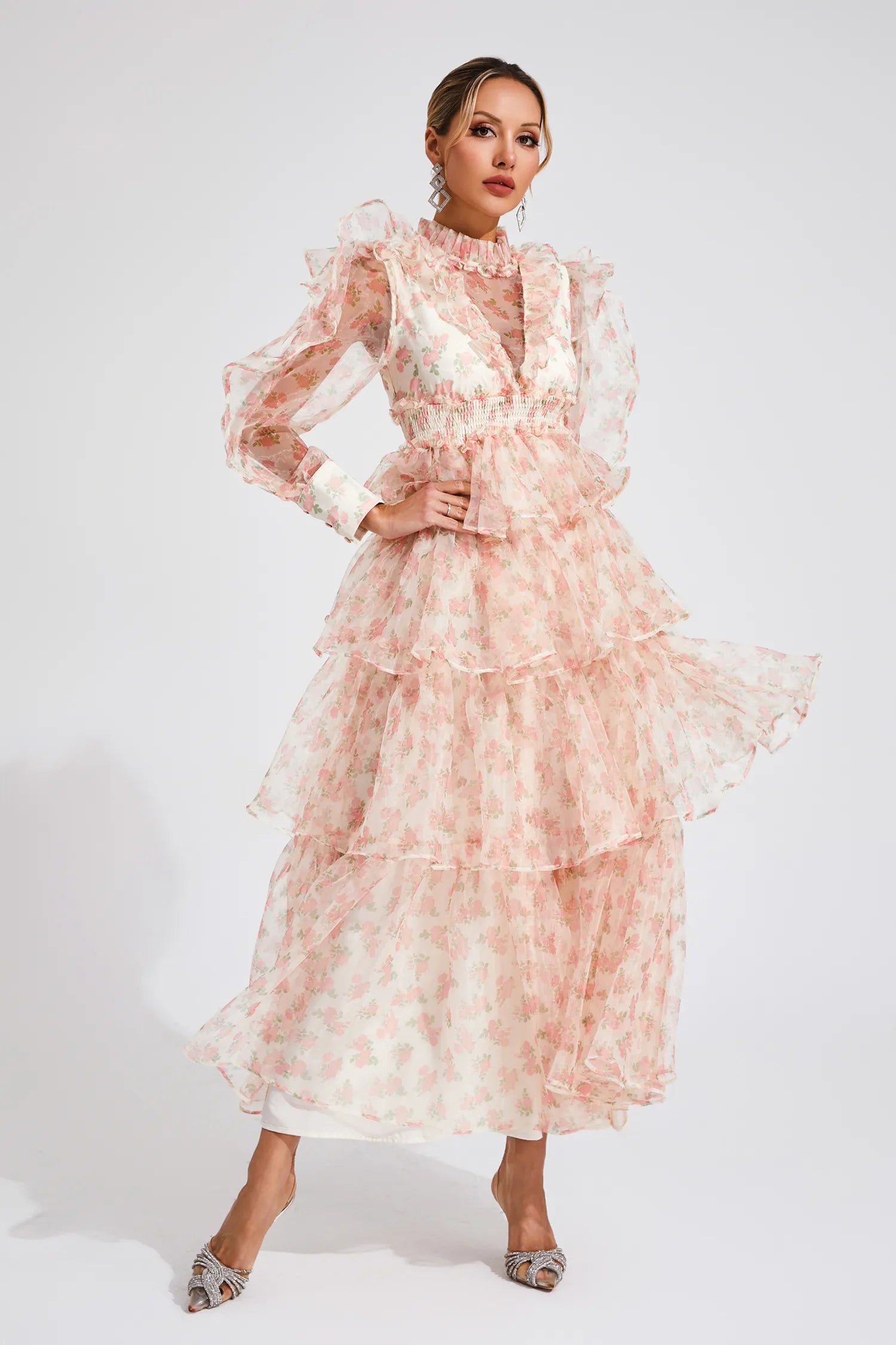 Zelda Çiçekli File Uzun Elbise