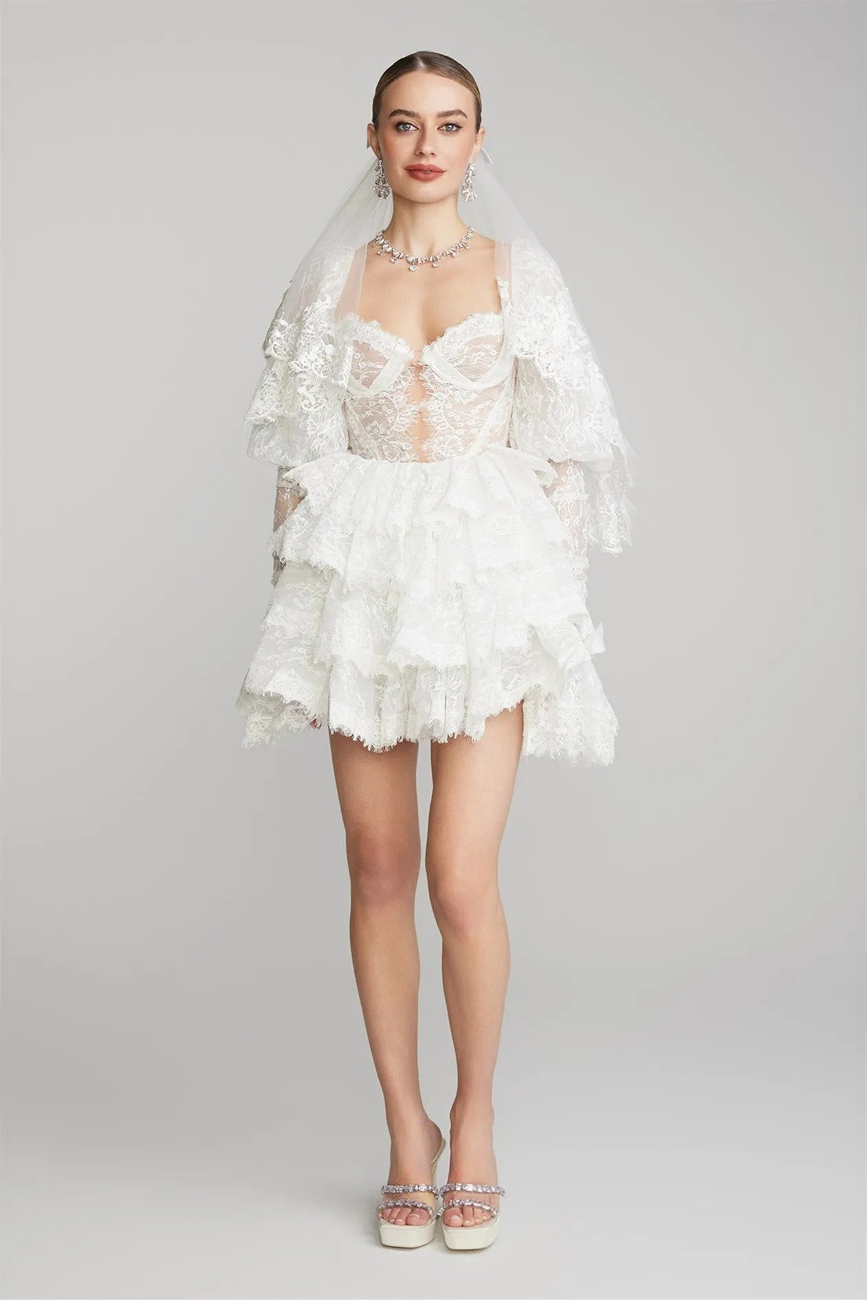 Bonnie İşlemeli Dantel Puf Kol Mini Elbise