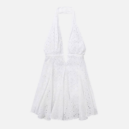 Halter Yaka Pamuklu Dantel Mini Elbise