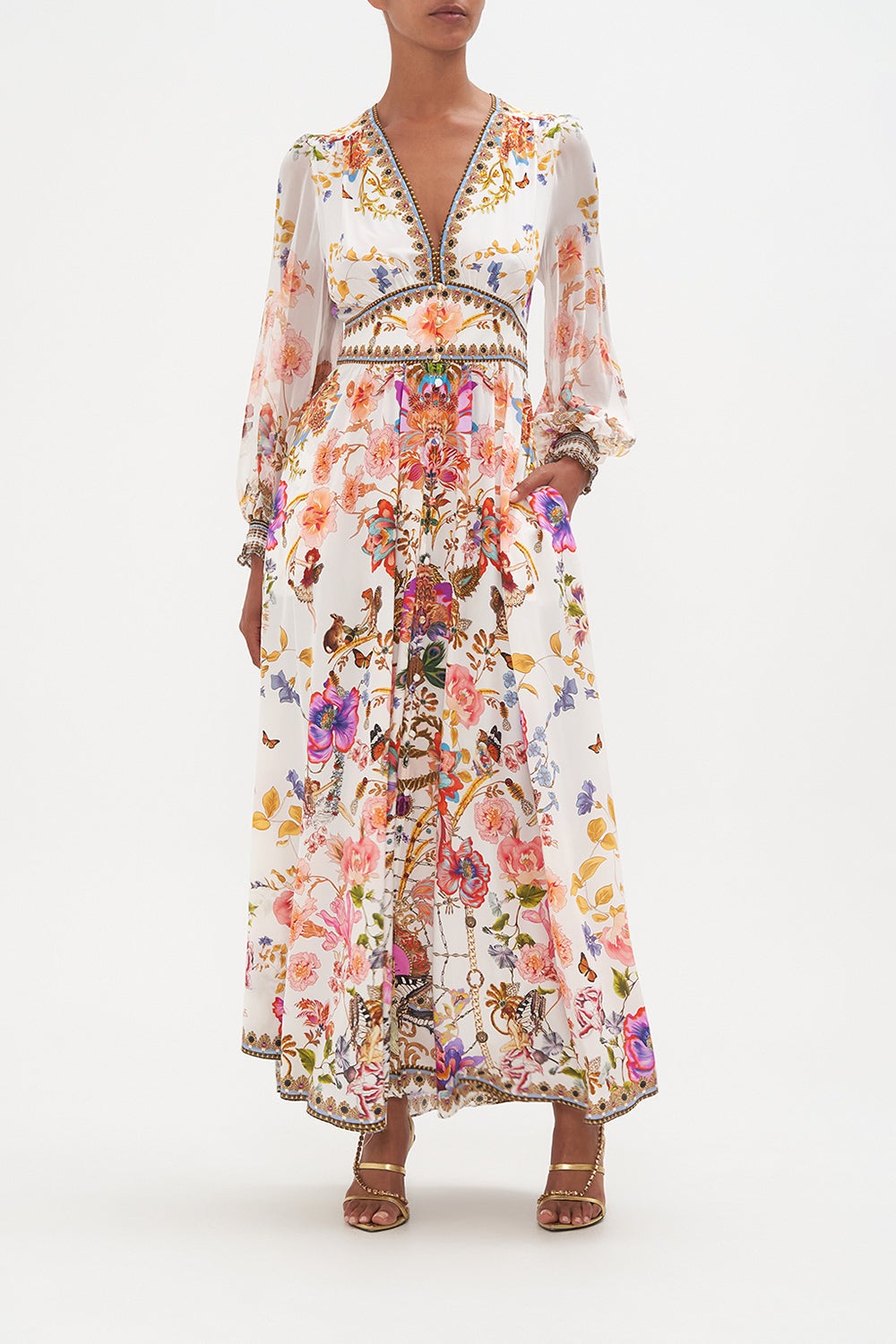 Belen Baskılı V Yaka Balon Kol Maxi Elbise