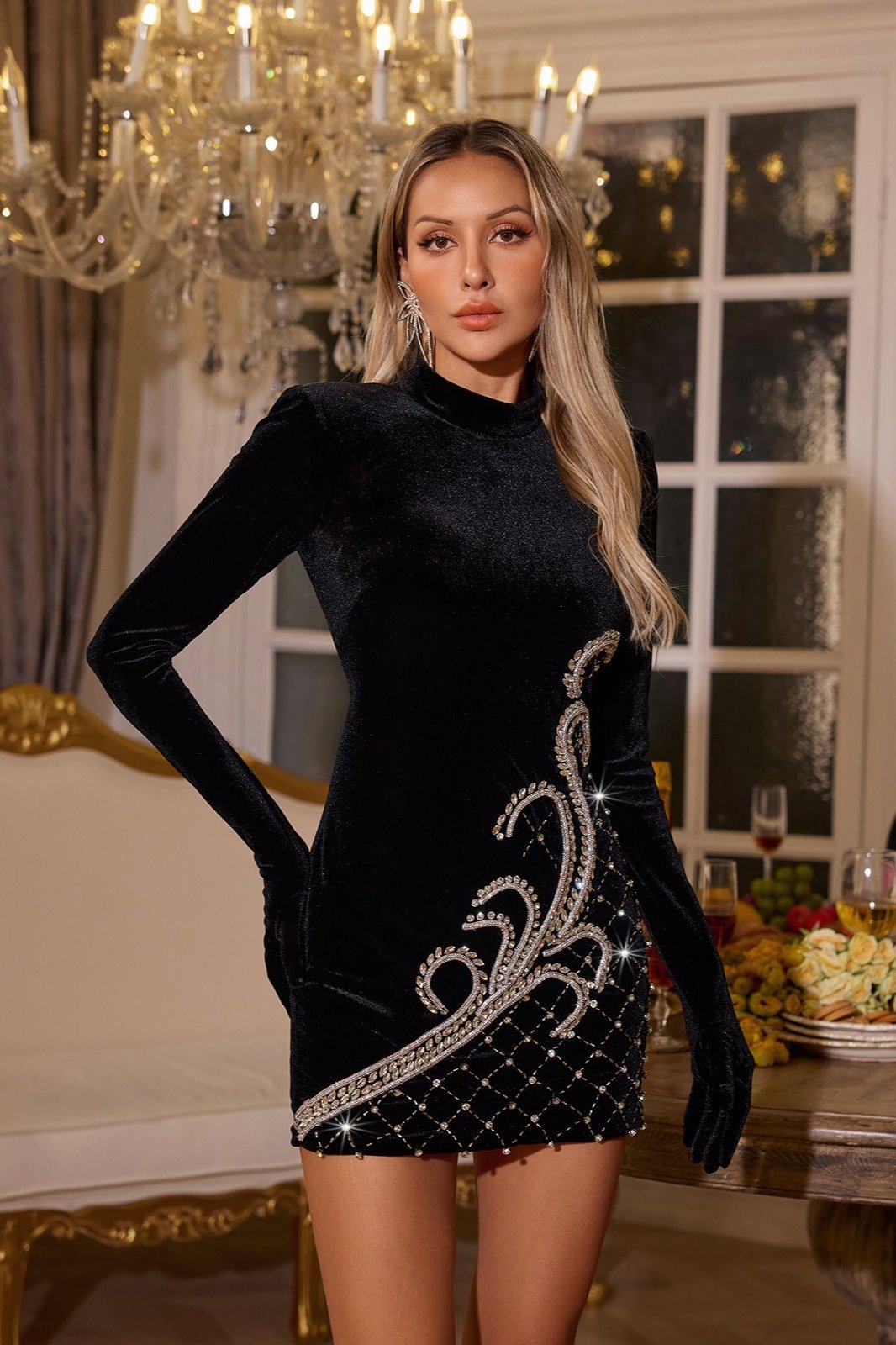 Cathey Uzun Kollu Taşlı Mini Elbise