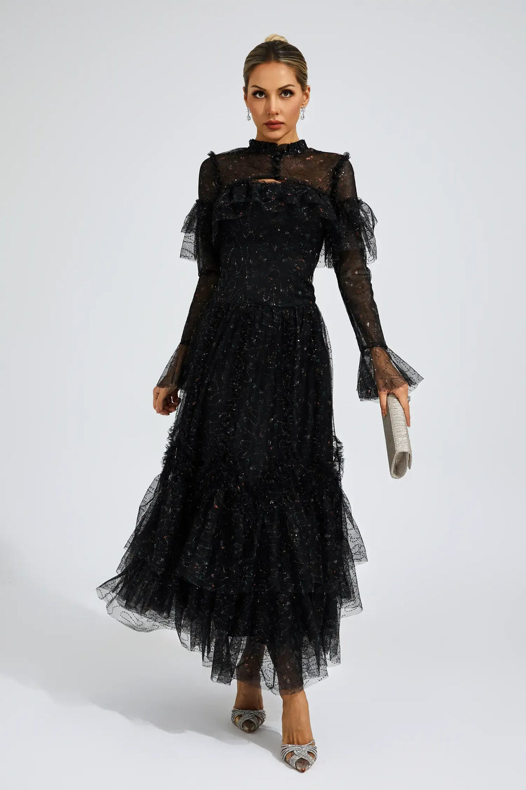 Clapham Siyah Fileli Çiçekli Uzun Elbise