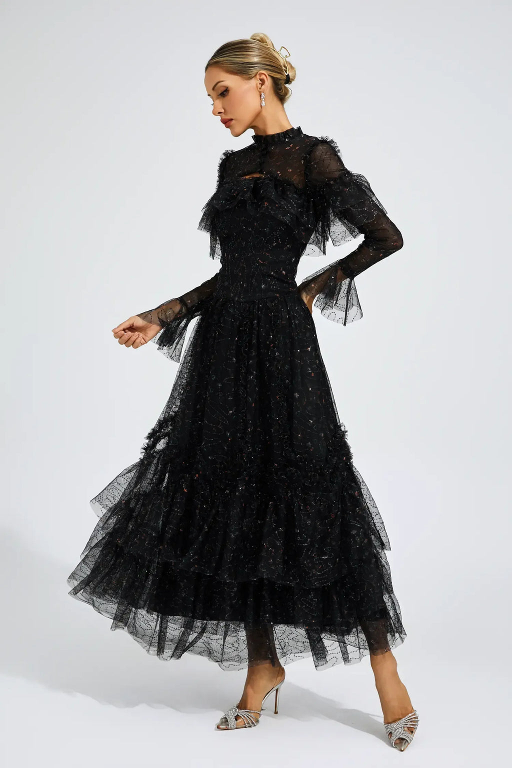 Clapham Siyah Fileli Çiçekli Uzun Elbise