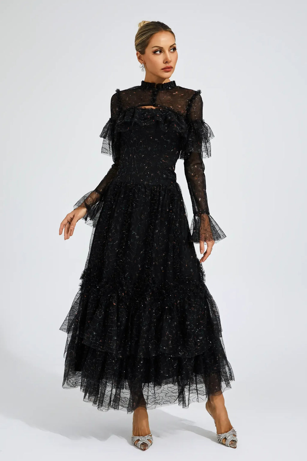 Clapham Siyah Fileli Çiçekli Uzun Elbise