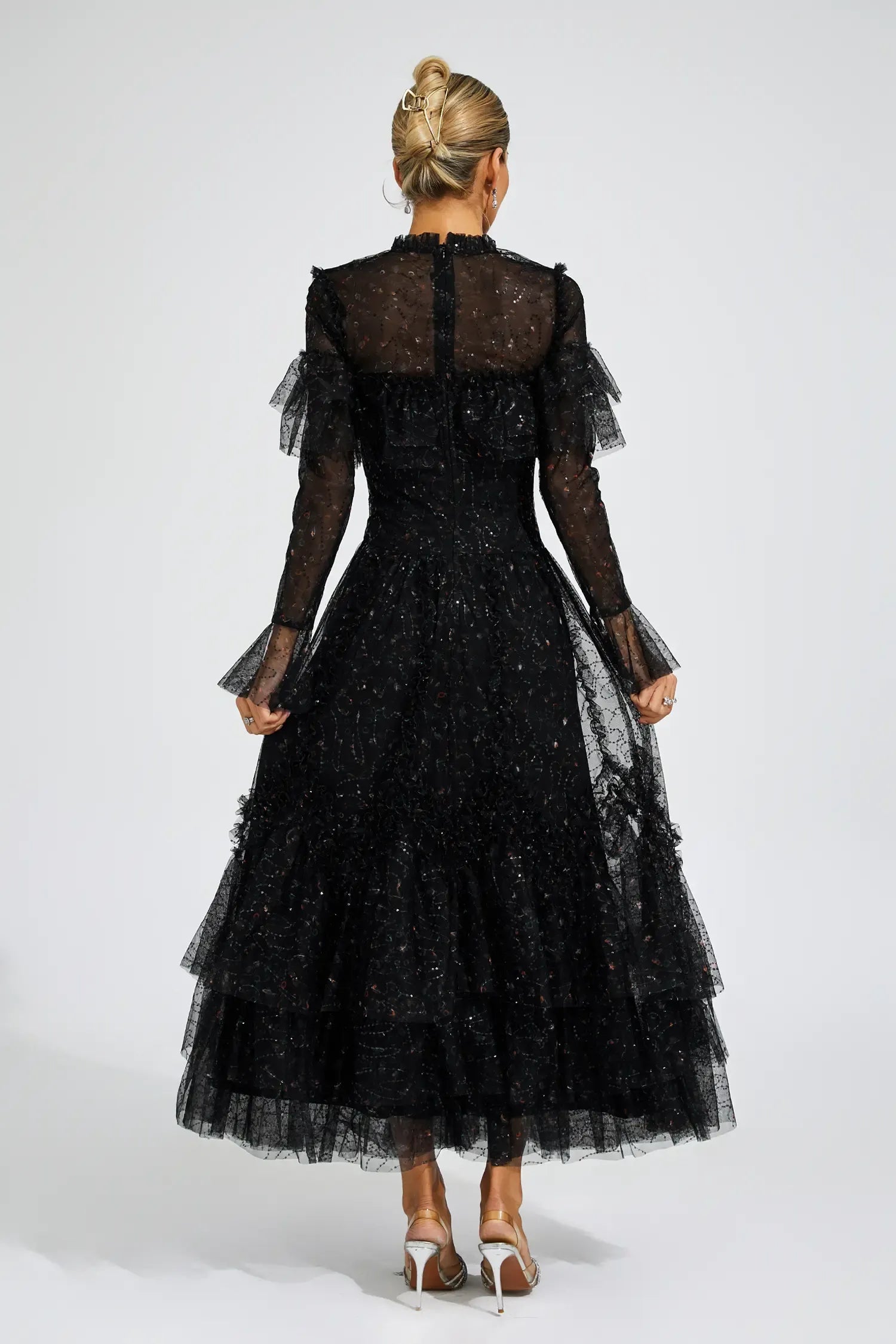 Clapham Siyah Fileli Çiçekli Uzun Elbise