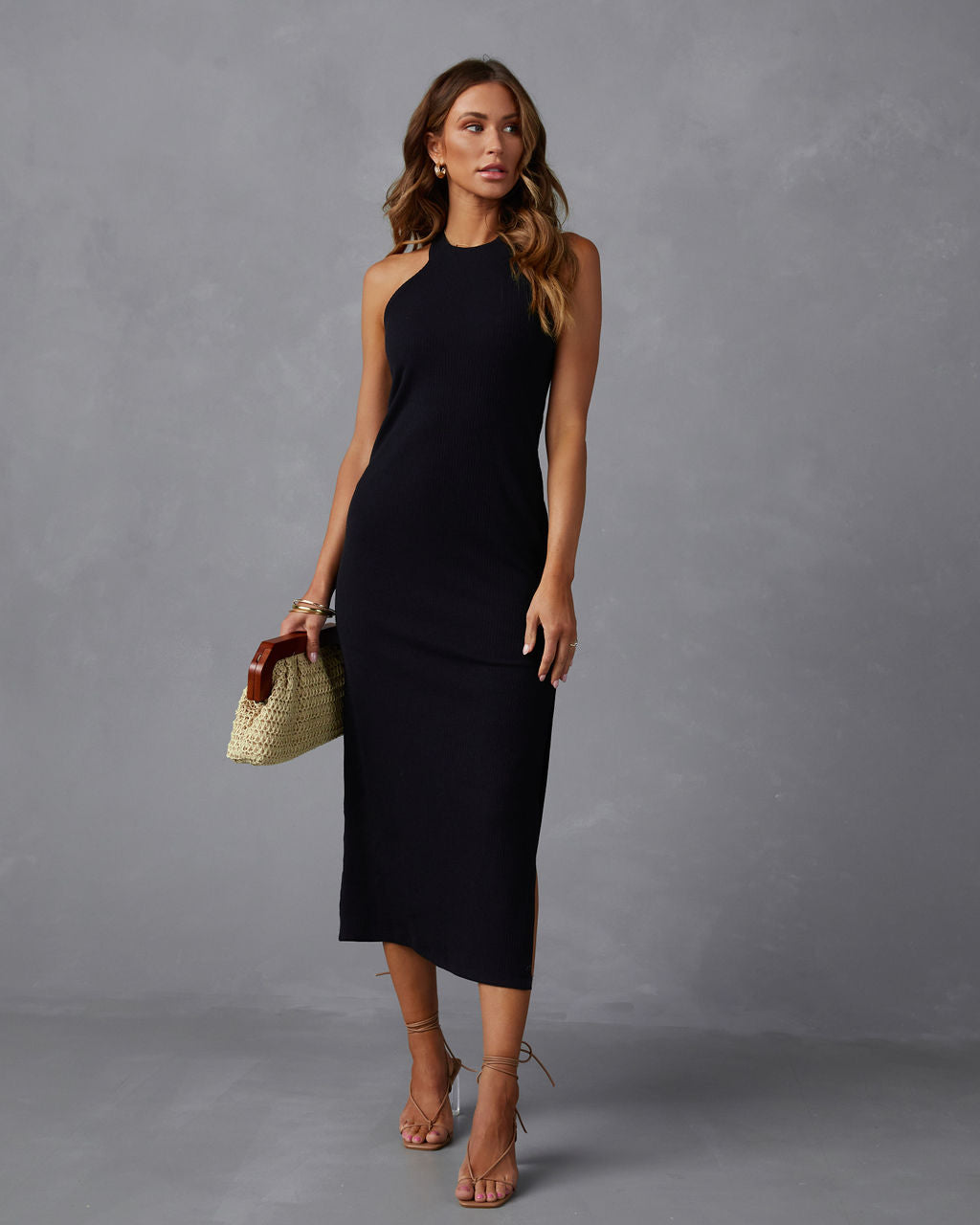 Constancia Nervürlü Yırtmaçlı Midi Elbise