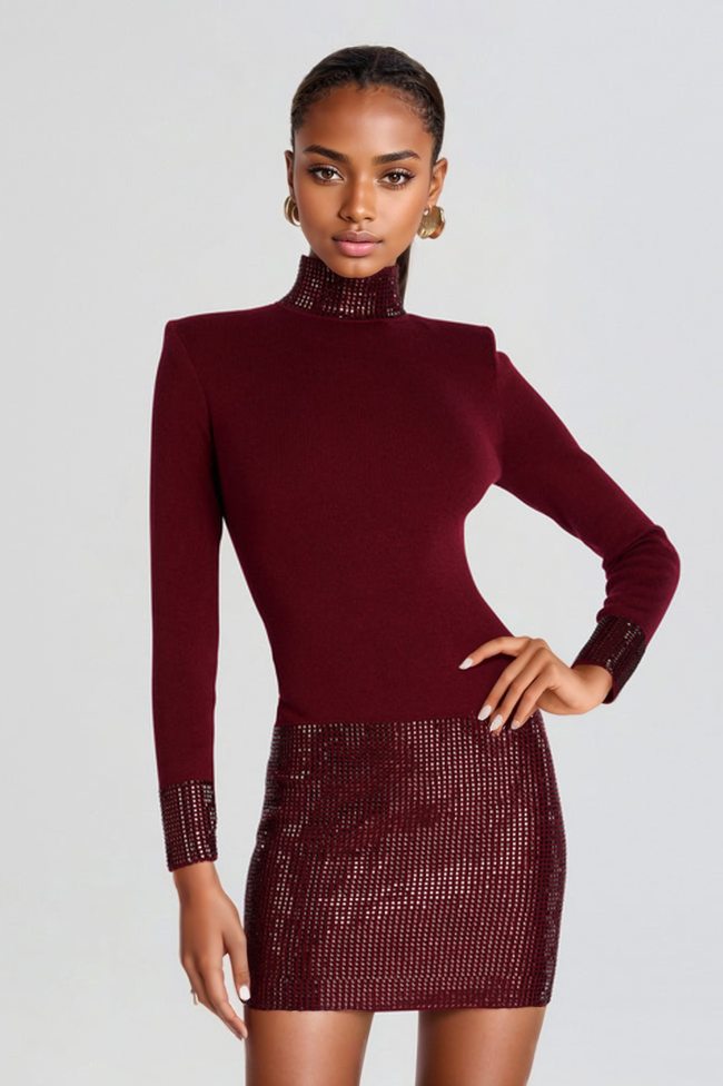 Frances Pırlanta Taşlı Yüksek Yaka Mini Elbise