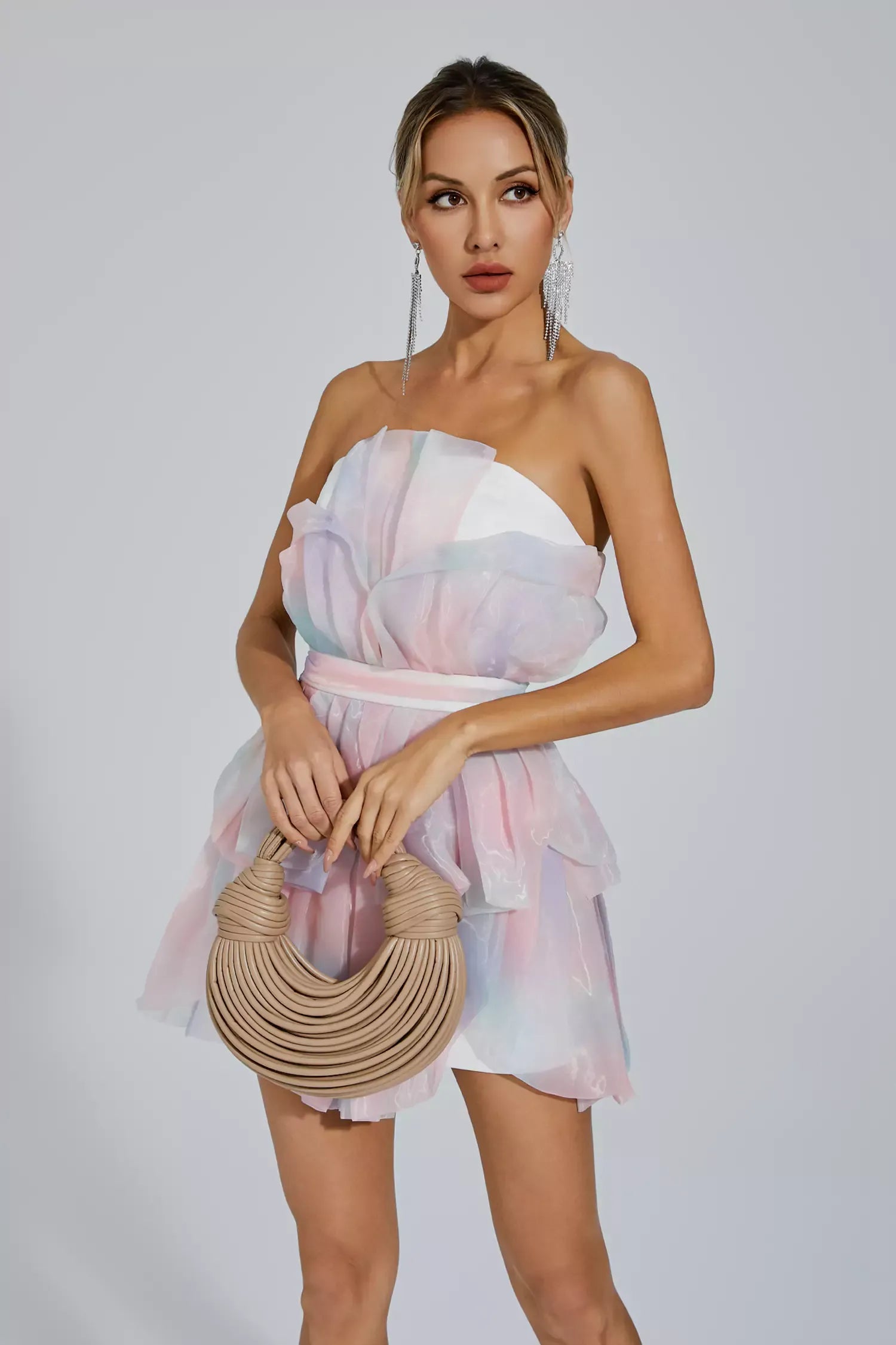 Elsa Pembe Kuşaklı Mini Dantelli Elbise