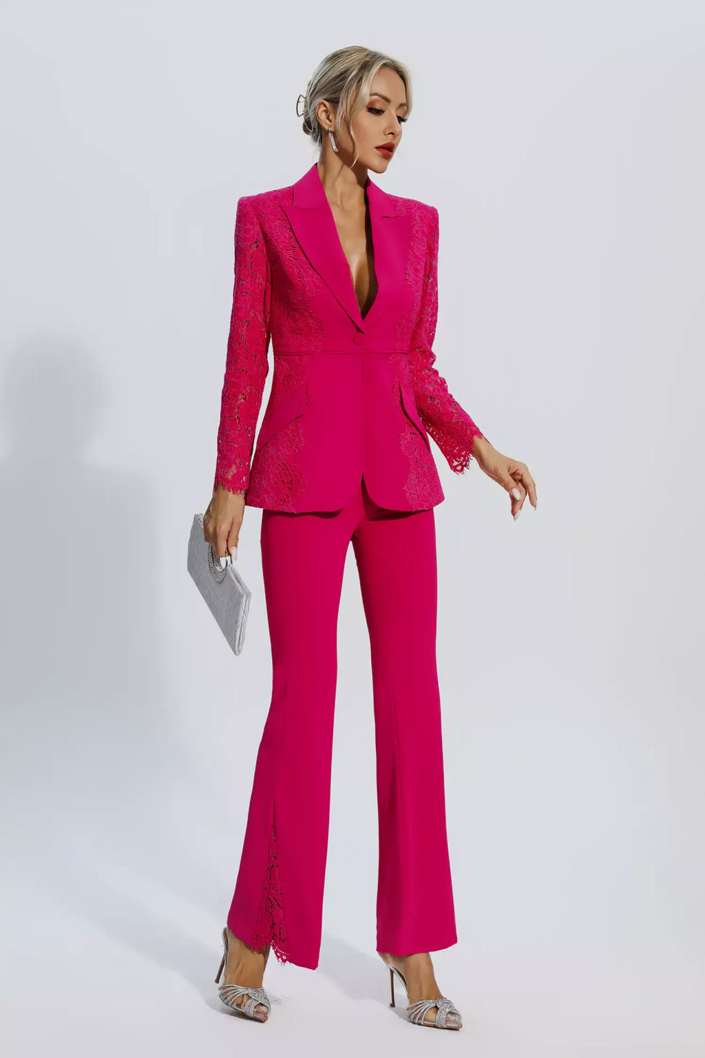 Emory Rose Kırmızı Çiçekli Dantelli Blazer Takım