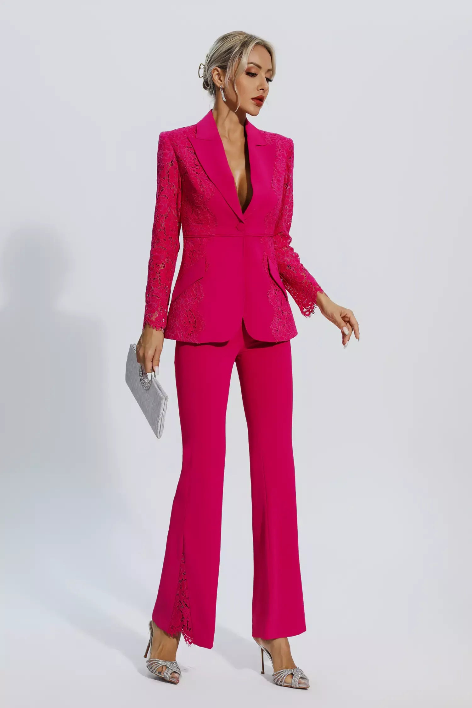 Emory Rose Kırmızı Çiçekli Dantelli Blazer Takım