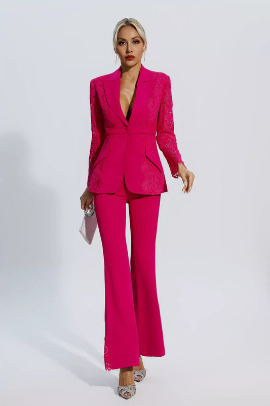 Emory Rose Kırmızı Çiçekli Dantelli Blazer Takım