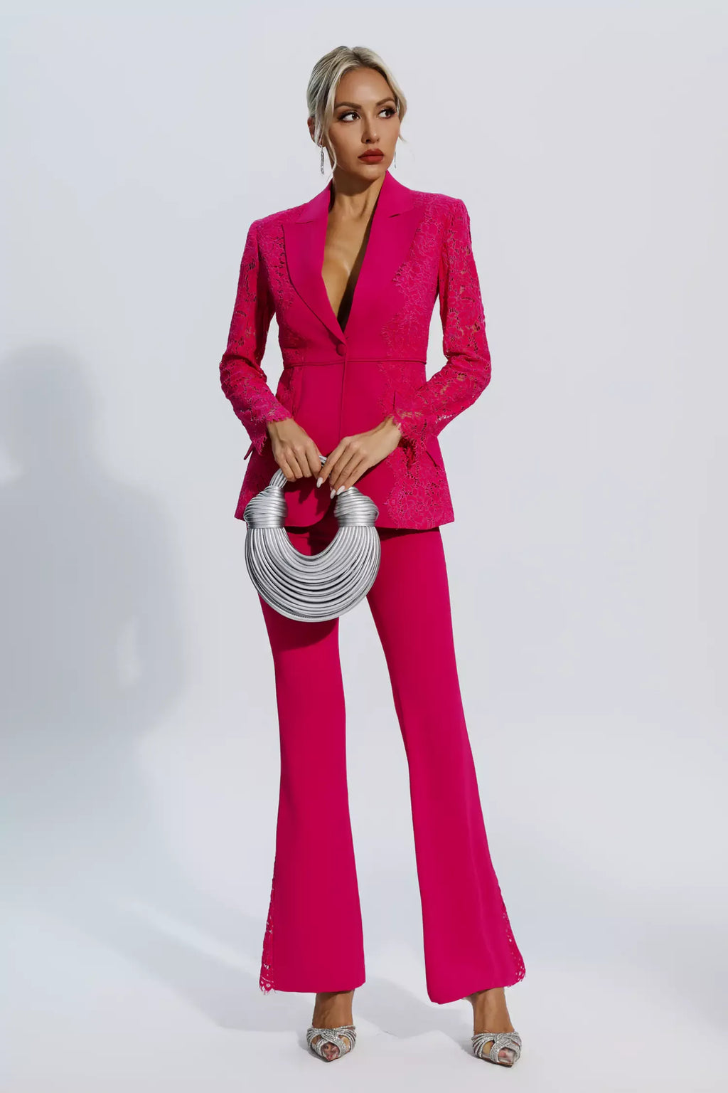 Emory Rose Kırmızı Çiçekli Dantelli Blazer Takım