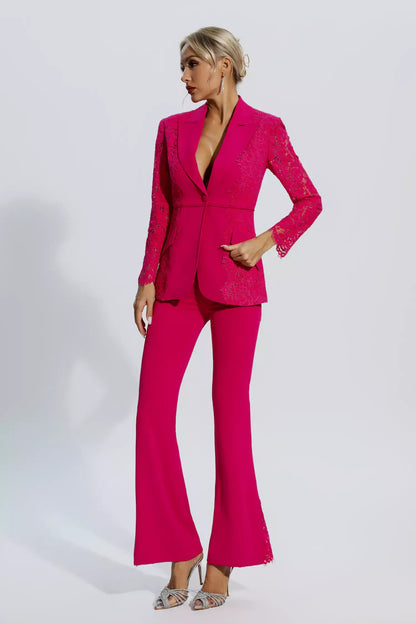 Emory Rose Kırmızı Çiçekli Dantelli Blazer Takım