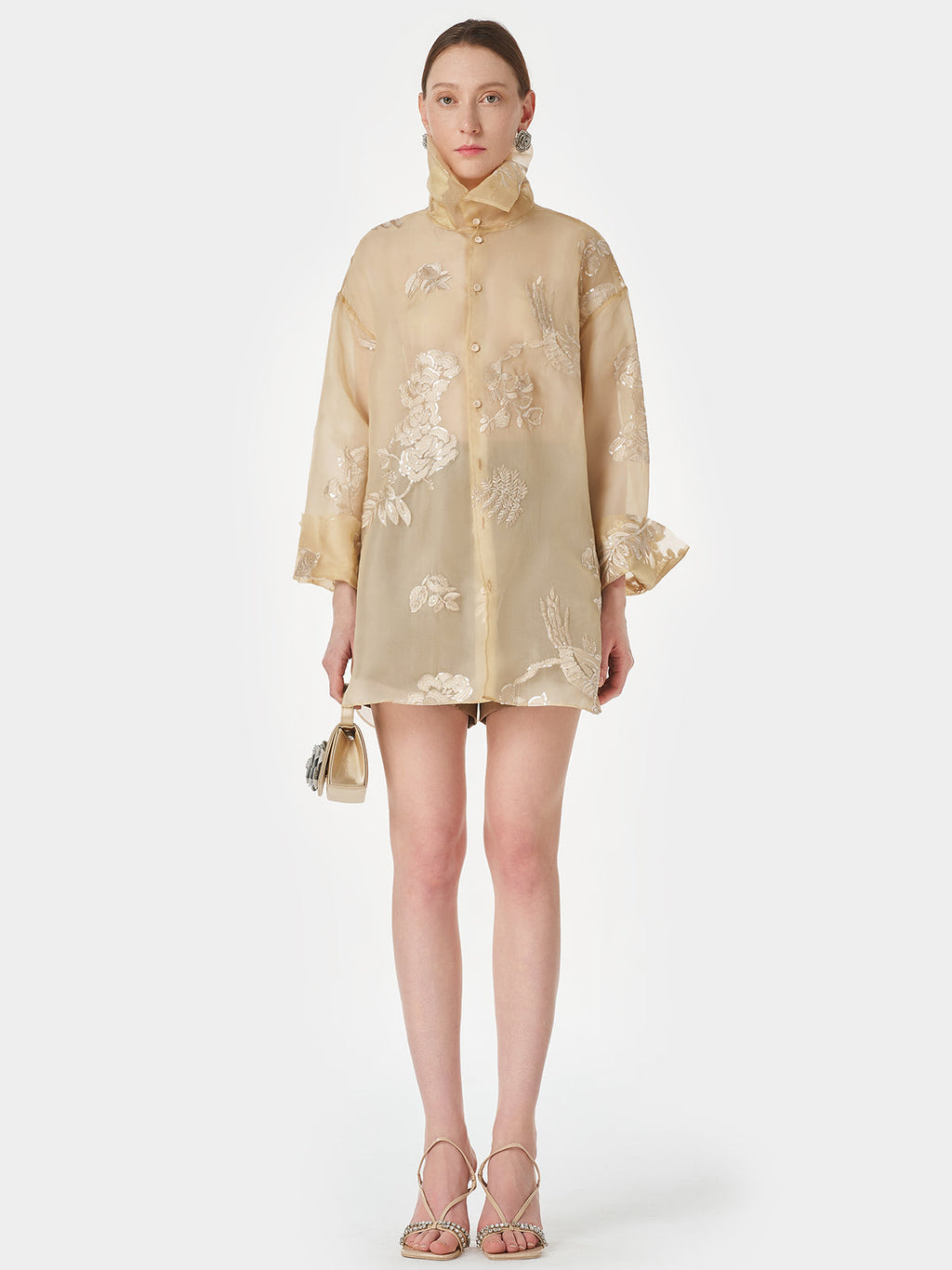 Dik Yaka Nakışlı Çiçekli Üst